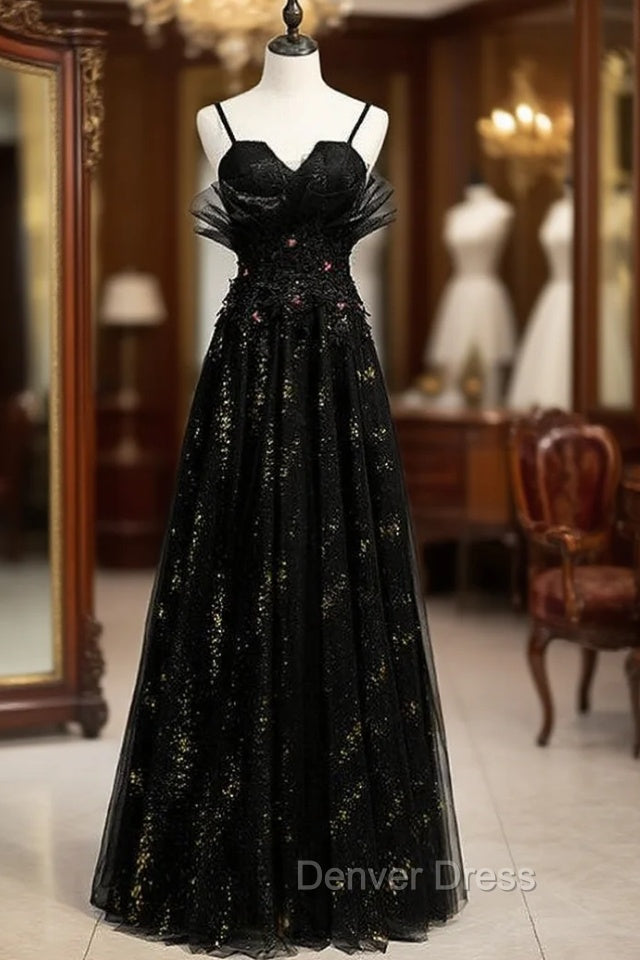 A-Line Black Tulle Sequins Spaghetti Straps Prom Dresses Main image