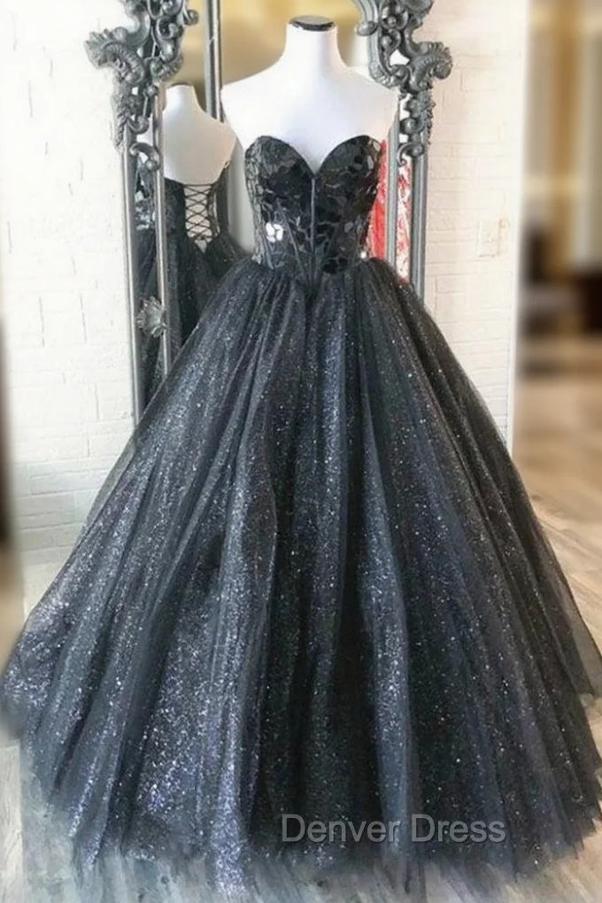 A Line Black Tulle Sequins Strapless Prom Dresses