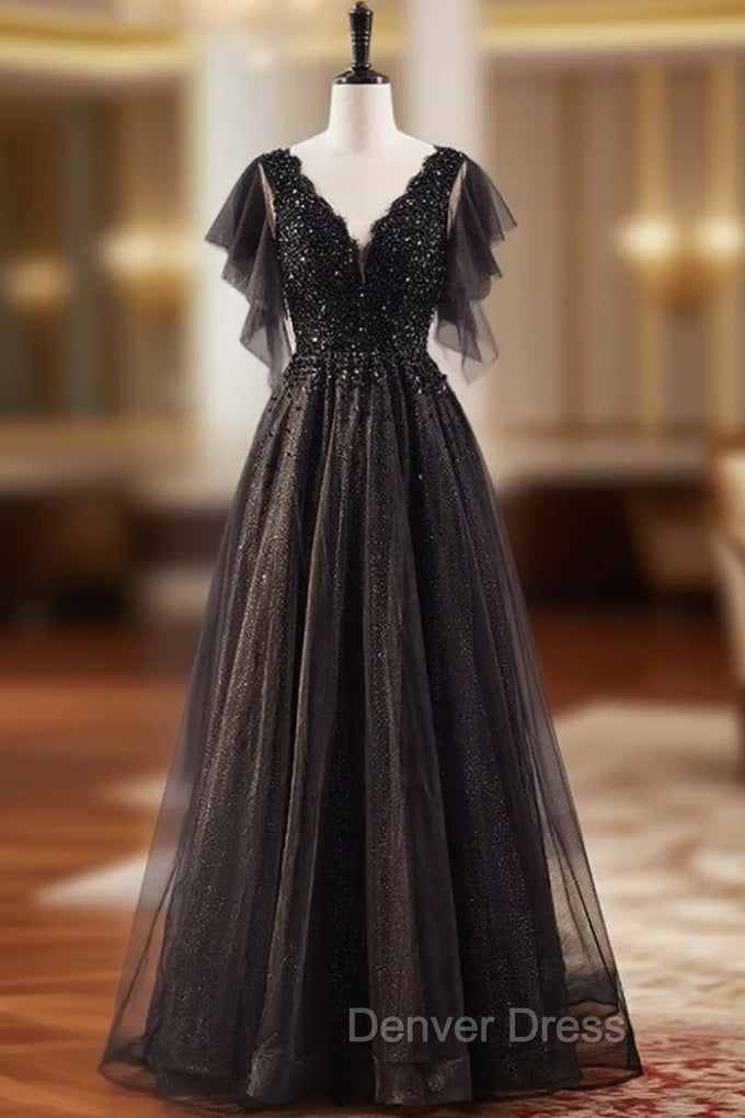 A Line Black Tulle Sequins V Neck Beading Prom Dresses