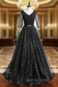 A-Line Black Tulle Sequins V-neck Short Sleeve Prom Dresses