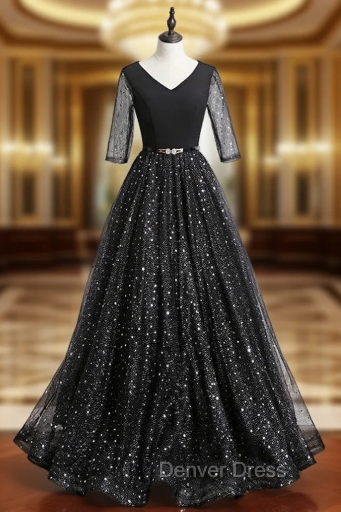 A Line Black Tulle Sequins V Neck Short Sleeve Prom Dresses