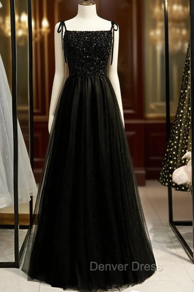 A-Line Black Tulle Spaghetti Straps Tulle Beading Prom Dresses