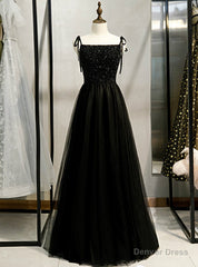 A-Line Black Tulle Spaghetti Straps Tulle Beading Prom Dress