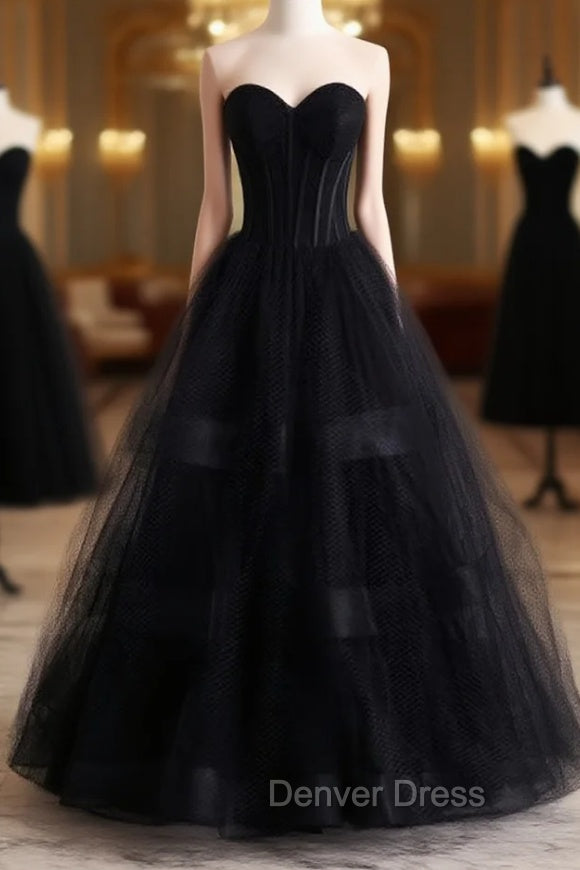 A-Line Black Tulle Sweetheart Prom Dresses