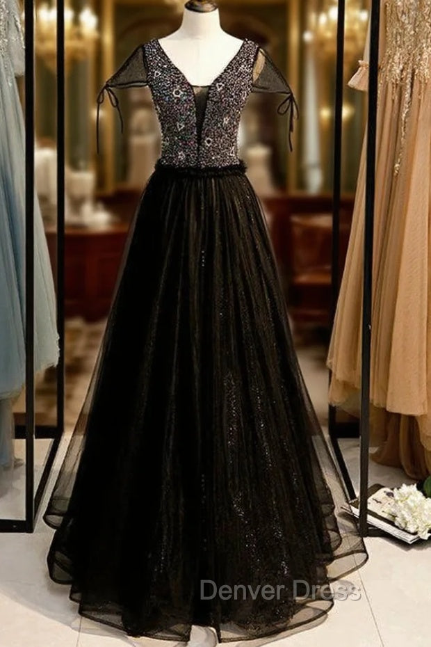 A Line Black Tulle V Neck Cap Sleeve Beading Prom Dresses Main image