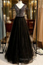 A Line Black Tulle V Neck Cap Sleeve Beading Prom Dresses