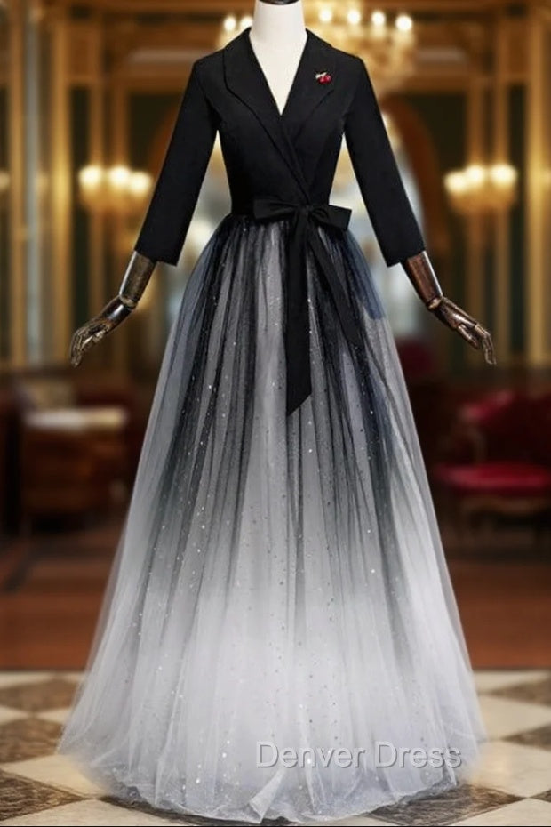 A-Line Black Tulle V-neck Long Sleeve Prom Dresses