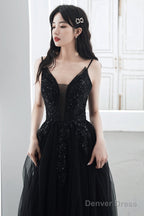 A Line Black Tulle V Neckline Straps Long Prom Dress, Black Tulle Prom Dresses