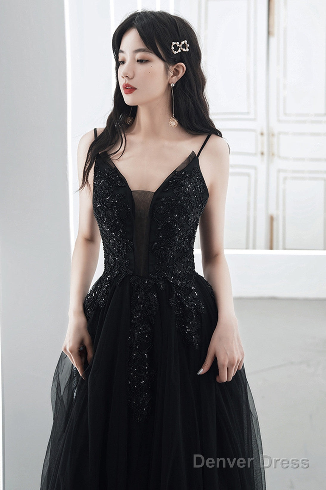 A Line Black Tulle V Neckline Straps Long Prom Dress, Black Tulle Prom Dresses