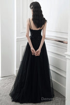 A Line Black Tulle V Neckline Straps Long Prom Dress, Black Tulle Prom Dresses