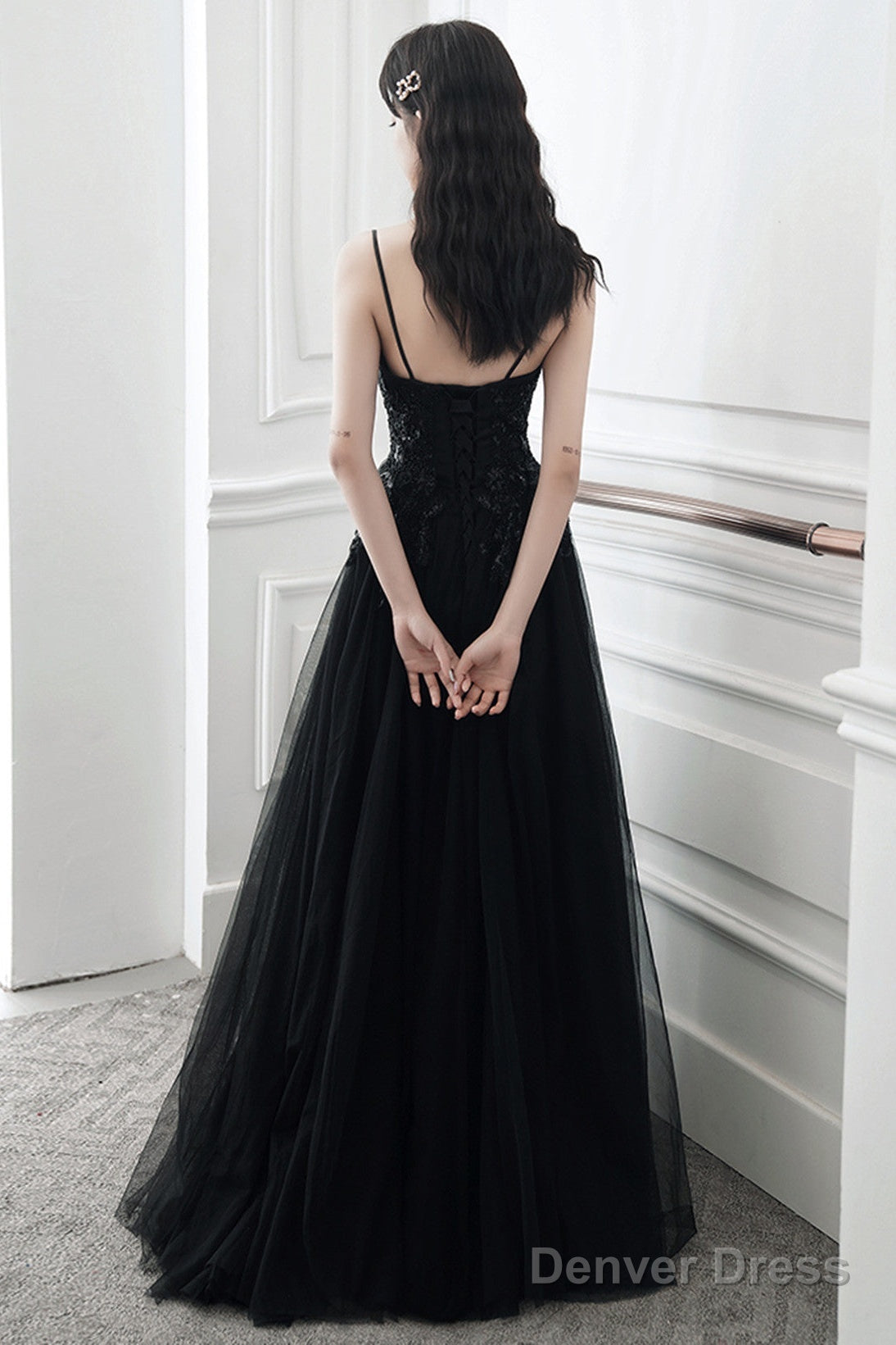A Line Black Tulle V Neckline Straps Long Prom Dress, Black Tulle Prom Dresses