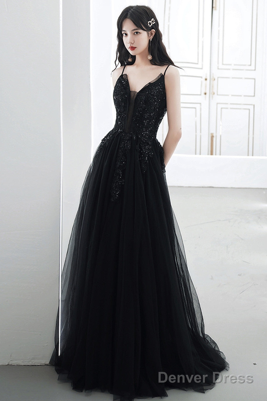 A Line Black Tulle V Neckline Straps Long Prom Dress, Black Tulle Prom Dresses