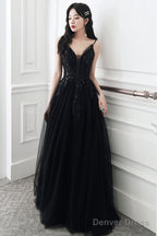 A Line Black Tulle V Neckline Straps Long Prom Dress, Black Tulle Prom Dresses