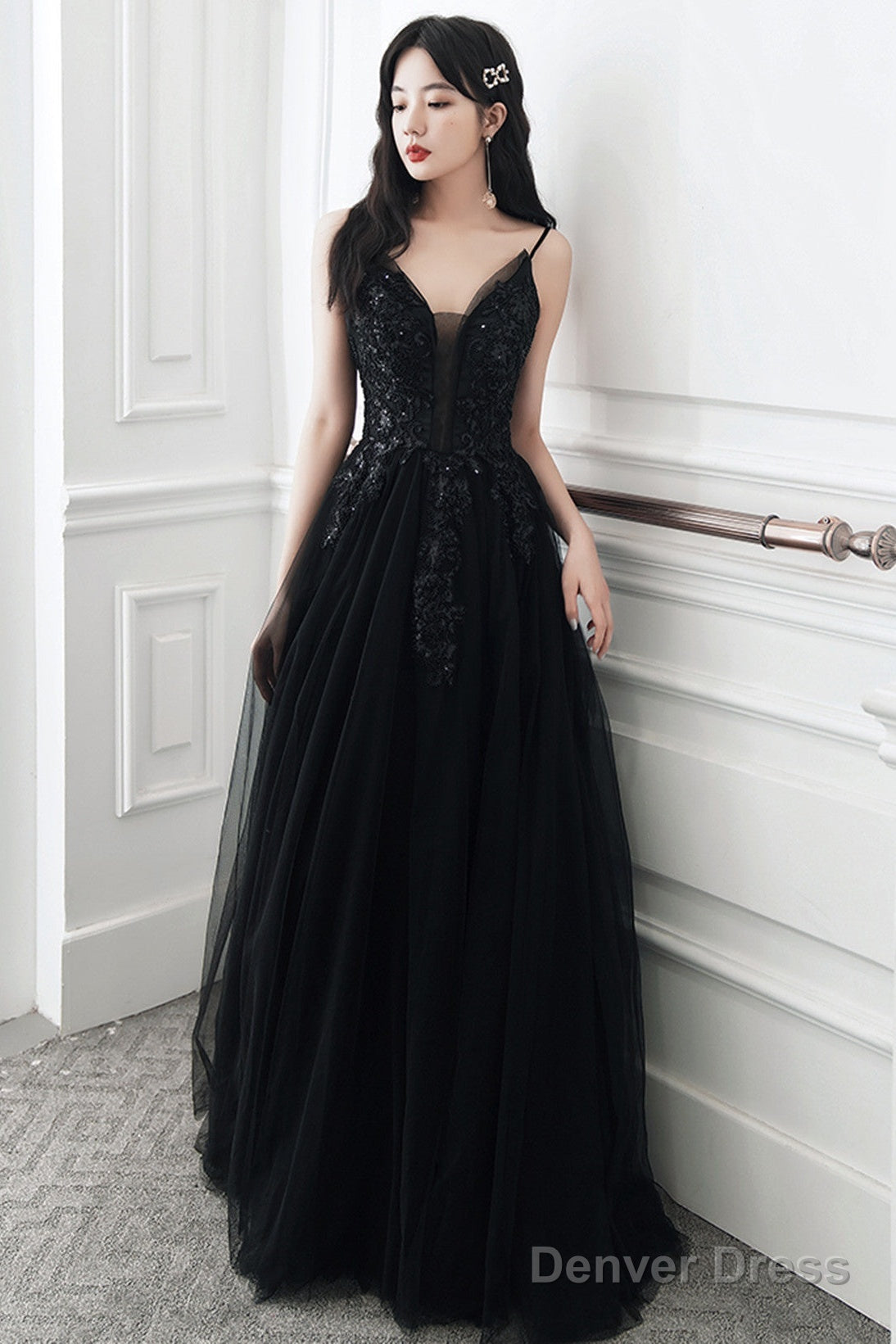 A Line Black Tulle V Neckline Straps Long Prom Dress, Black Tulle Prom Dresses