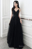 A Line Black Tulle V Neckline Straps Long Prom Dress, Black Tulle Prom Dresses