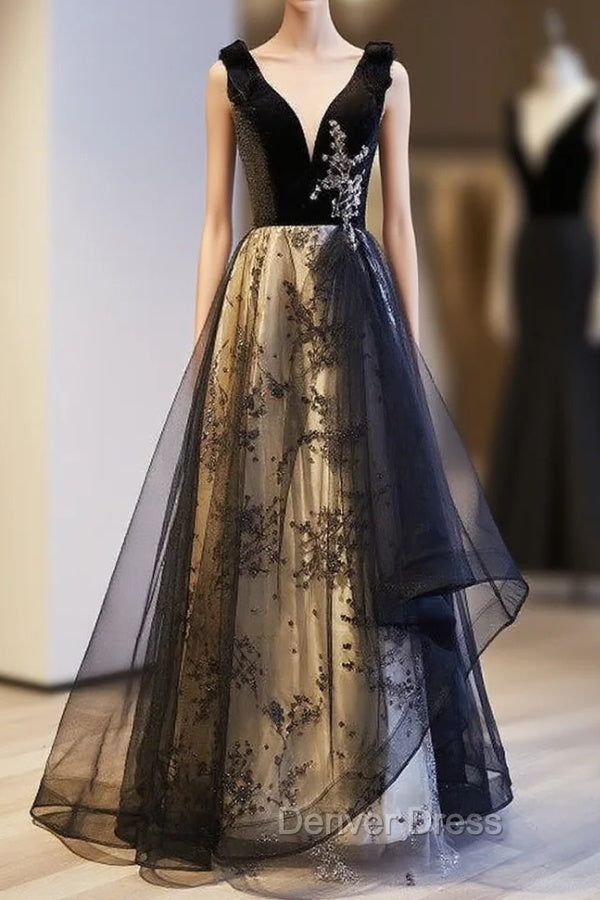 A-Line Black Tulle Velvet Sequins Prom Dresses