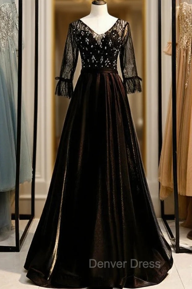 A-Line Black V-neck 3/4 Sleeve Crystal Prom Dresses