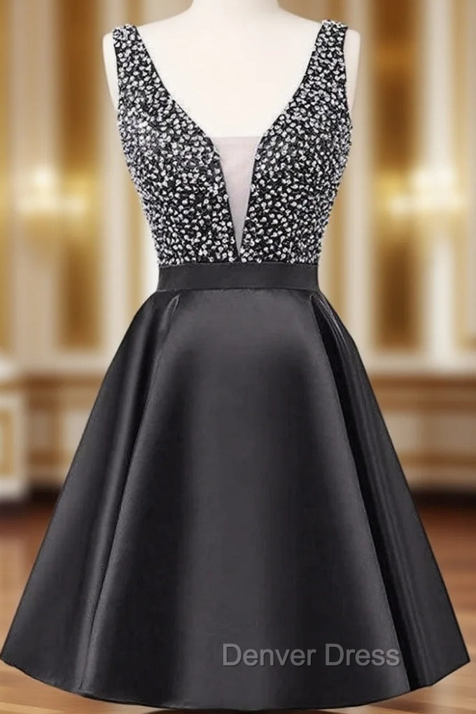A Line Black V Neck Backless Satin Beading Sequins Homecoming Dresses Main image