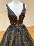 A Line Black V Neck Lace Long Prom Dresses
