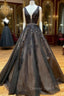 A Line Black V Neck Lace Long Prom Dresses