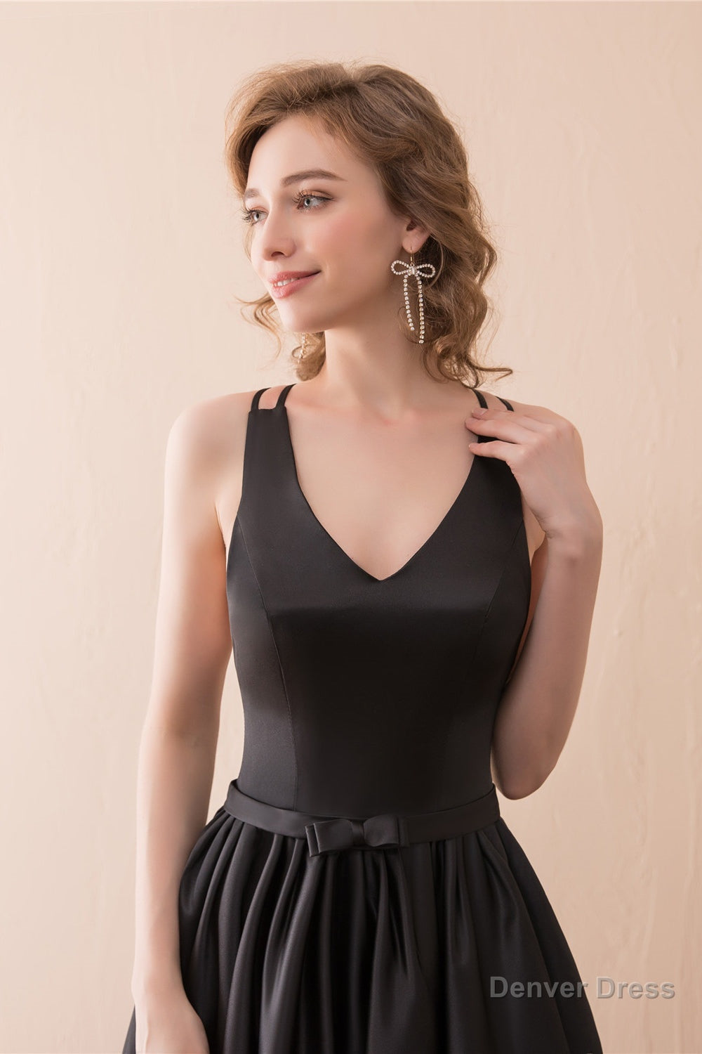 A Line Black V Neck Satin Backless Trail Prom Dresses