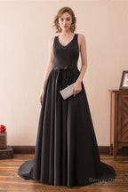 A Line Black V Neck Satin Backless Trail Prom Dresses