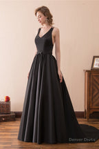 A Line Black V Neck Satin Backless Trail Prom Dresses