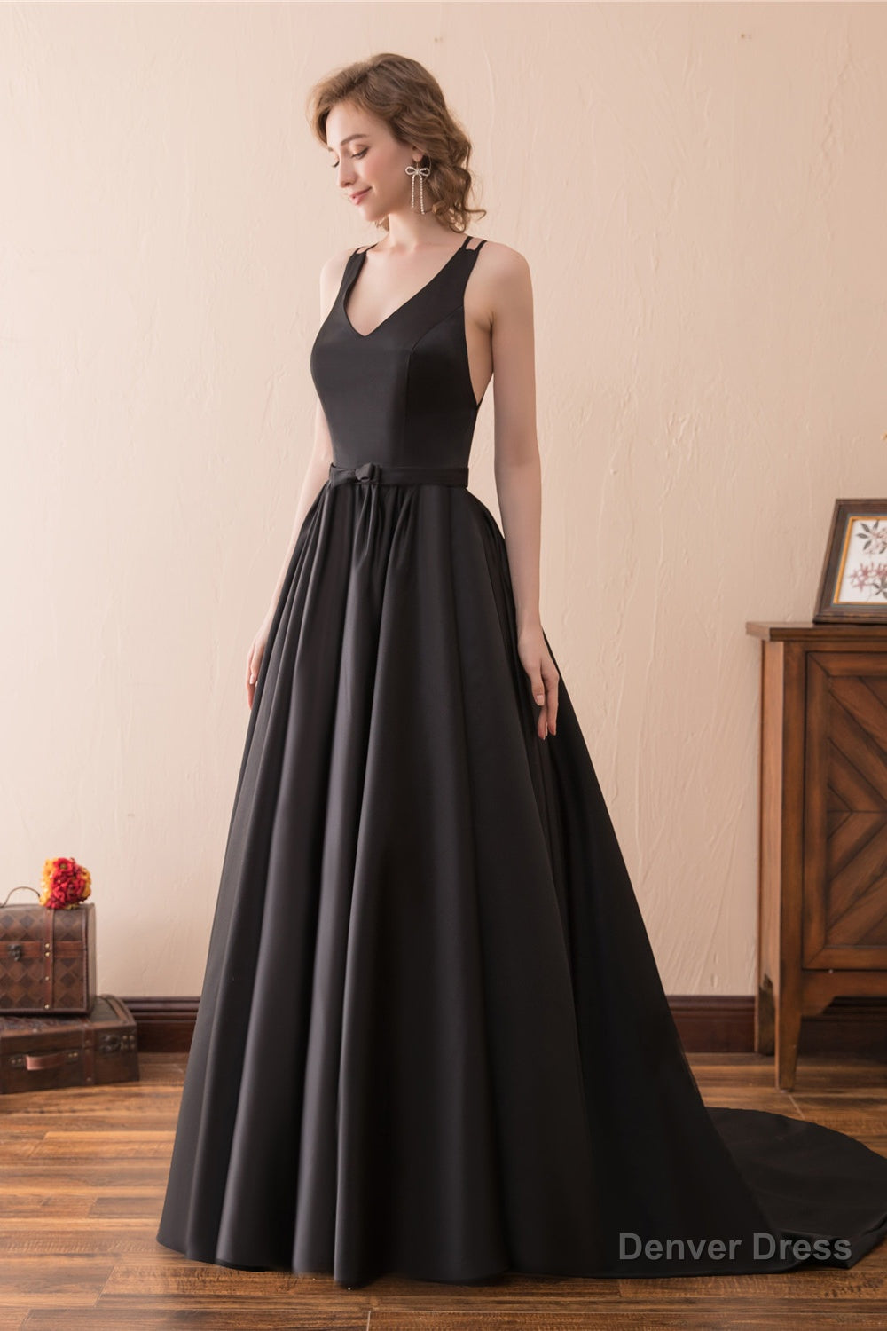 A Line Black V Neck Satin Backless Trail Prom Dresses
