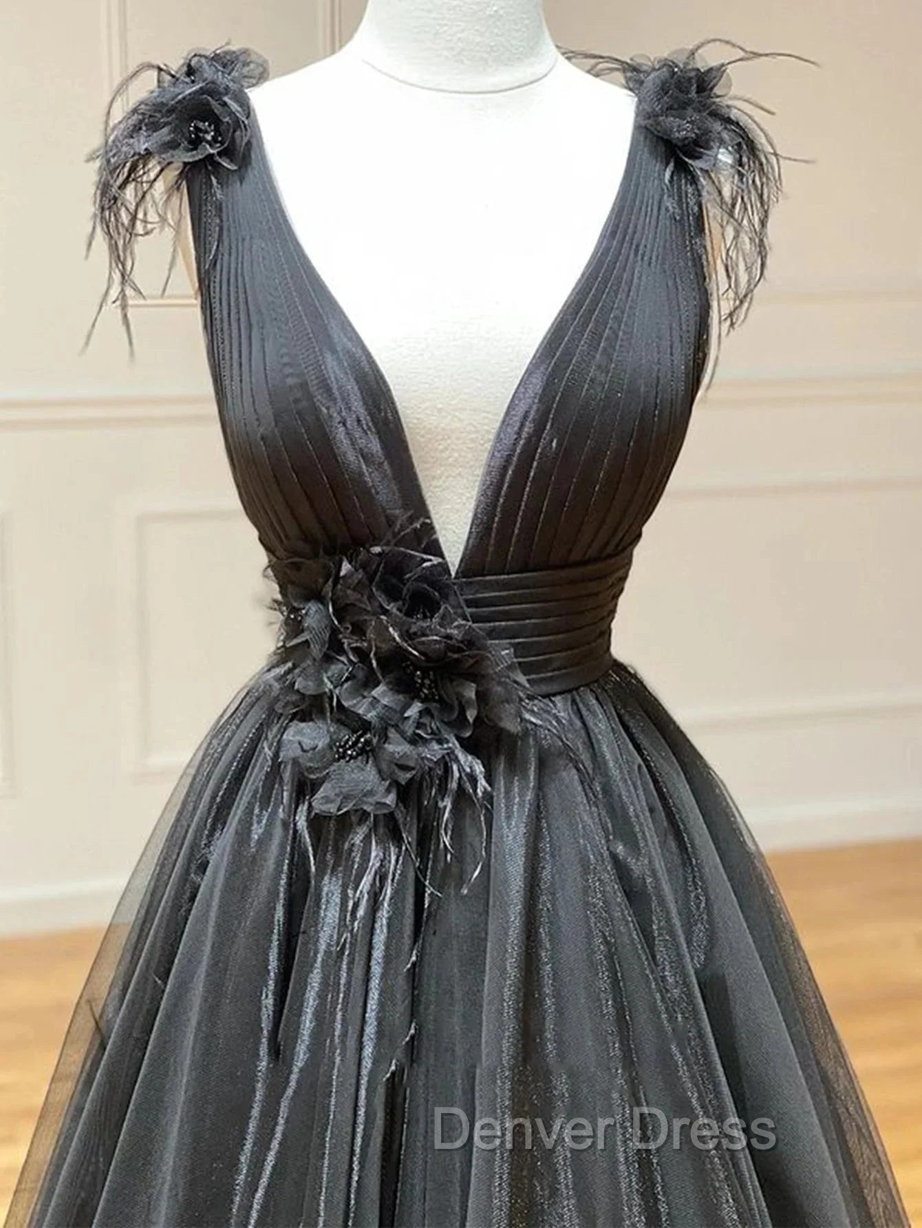A Line Black V Neck Tulle Long Prom Dresses