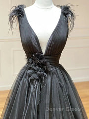 A Line Black V Neck Tulle Long Prom Dresses