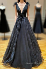 A Line Black V Neck Tulle Long Prom Dresses