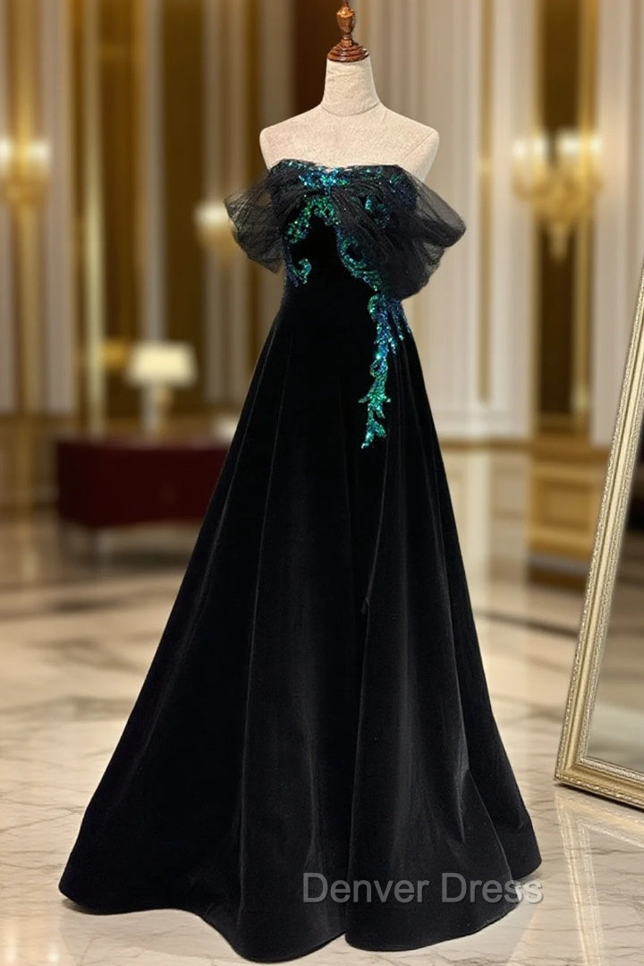 A-line Black Velvet and Tulle Off Shoulder Party Dresses, Black Long Prom Dresses Main image