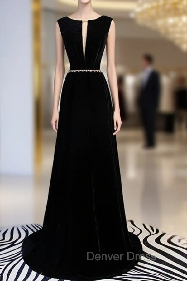 A-Line Black Velvet Backless Prom Dresses With Beading Main image