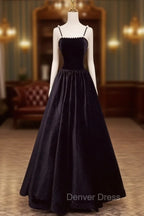 A-Line Black Velvet Floor-Length Prom Dresses, Pearls Spaghetti Straps Long Party Dresses