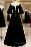 A-Line Black Velvet Horn Sleeve See Through Prom Dresses