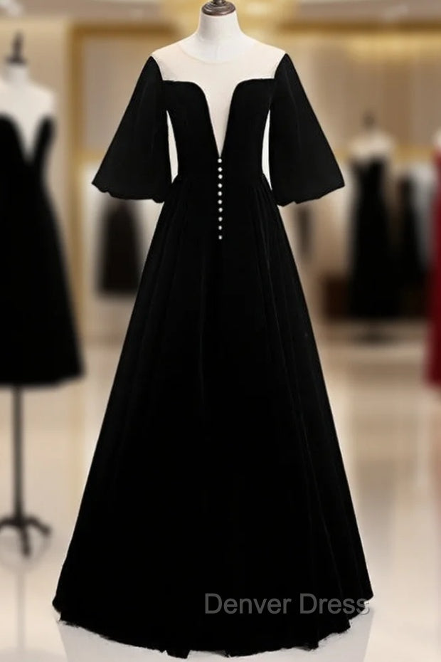 A Line Black Velvet Horn Sleeve See Through Prom Dresses Main image