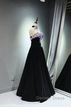 A-Line Black Velvet Long Party Dresses With Lace Applique, Black Velvet Prom Dresses