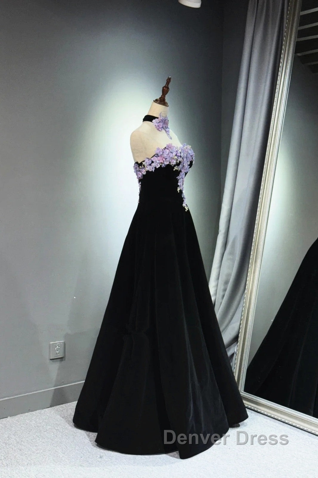 A-Line Black Velvet Long Party Dresses With Lace Applique, Black Velvet Prom Dresses