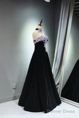 A-Line Black Velvet Long Party Dress With Lace Applique, Black Velvet Prom Dress