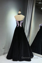 A-Line Black Velvet Long Party Dresses With Lace Applique, Black Velvet Prom Dresses