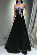 A-Line Black Velvet Long Party Dresses With Lace Applique, Black Velvet Prom Dresses