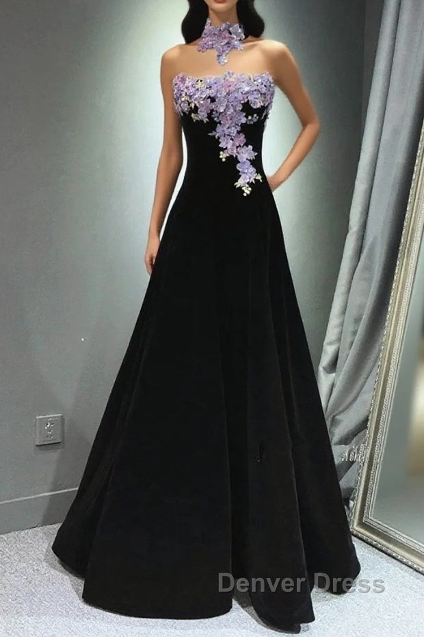 A-Line Black Velvet Long Party Dresses With Lace Applique, Black Velvet Prom Dresses