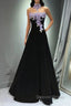 A-Line Black Velvet Long Party Dresses With Lace Applique, Black Velvet Prom Dresses