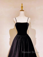 A Line Black Velvet Long Prom Dresses Beaded Birthday Party Dresses