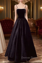 A Line Black Velvet Long Prom Dresses Beaded Birthday Party Dresses