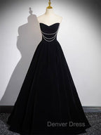 A-Line Black Velvet Long Prom Dresses, Black Long Evening Dresses
