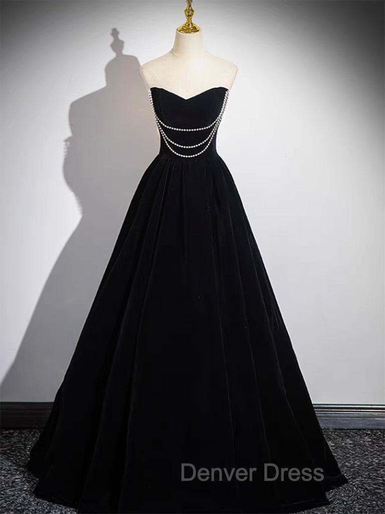 A-Line Black Velvet Long Prom Dresses, Black Long Evening Dresses