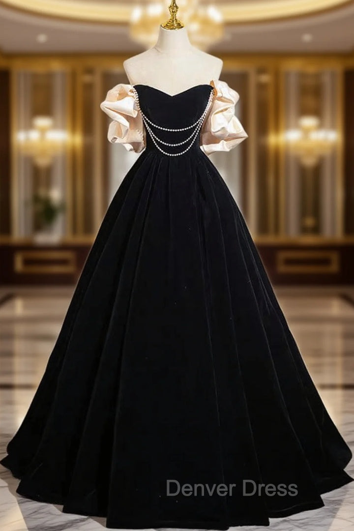 A-Line Black Velvet Long Prom Dresses, Black Long Evening Dresses Main image
