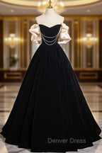 A-Line Black Velvet Long Prom Dresses, Black Long Evening Dresses
