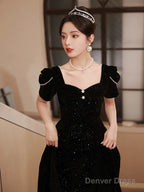A Line Black Velvet Long Simple Floor Length Prom Dress, Black Velvet Prom Dresses